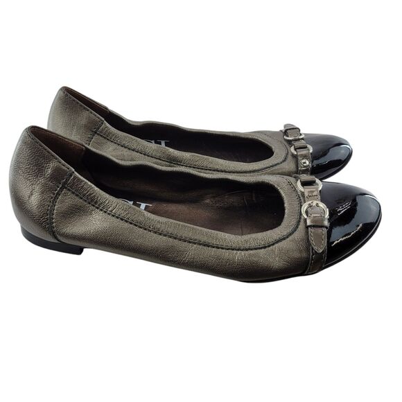 AGL Cap Toe Ballet Flats Womens 8 38 Gray Black Leather Patent Buckle Italy - Picture 1 of 13